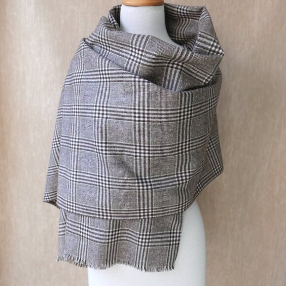 Handmade Brown White Plaid Large Wrap Scarf - Picture 6 of 10
